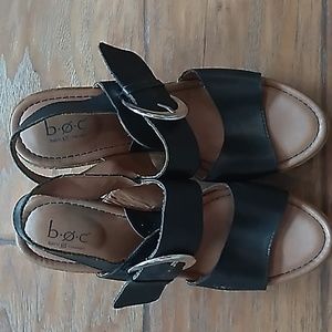 BOC Black Leather Sandals with Wedge Heel and Adjustable Buckle size 8
